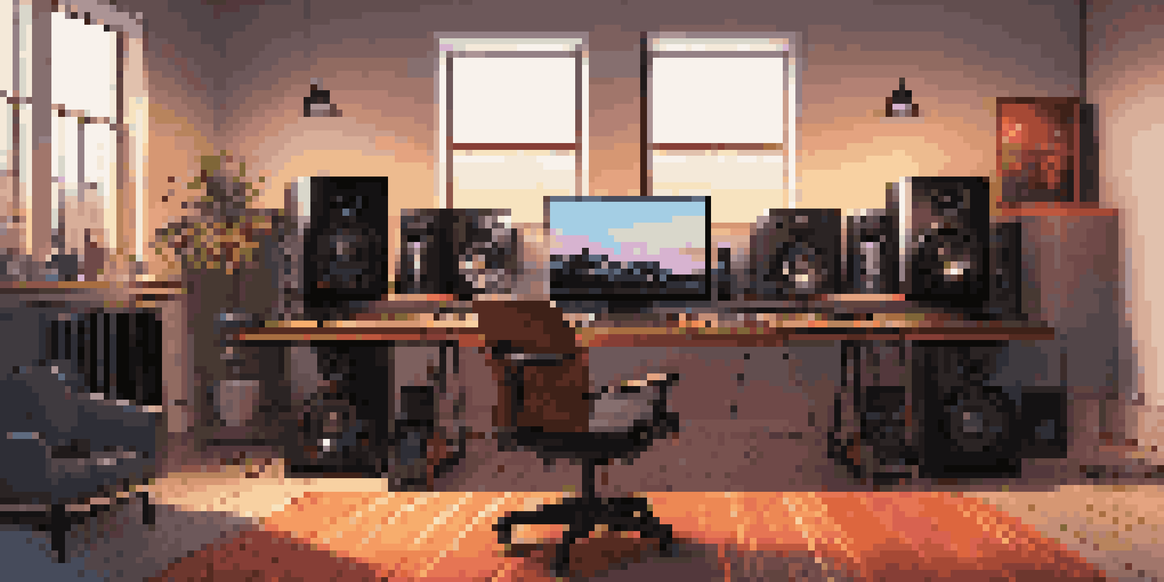A contemporary home studio with a digital audio workstation, high-resolution audio equipment, and warm lighting.