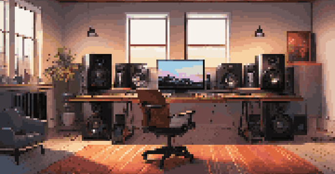 A contemporary home studio with a digital audio workstation, high-resolution audio equipment, and warm lighting.