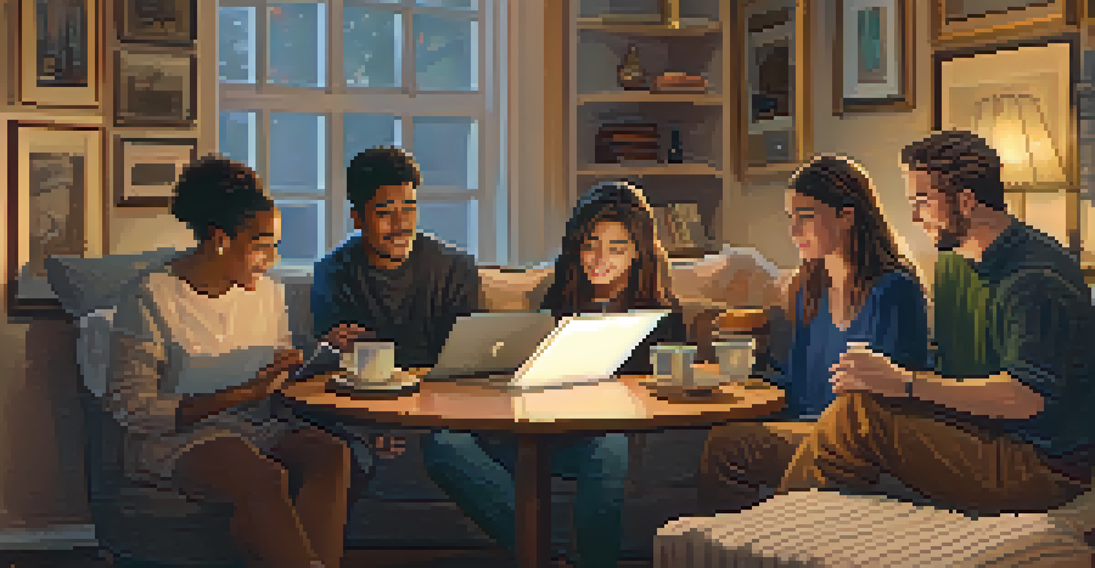 A cozy home environment where singers are engaged in a virtual rehearsal on a laptop, with musical notes and a cup of tea, showcasing dedication and warmth.