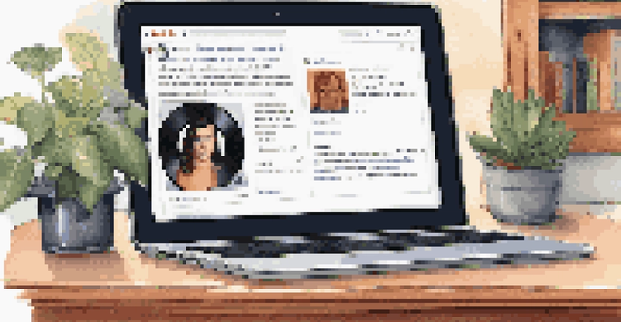 Close-up of a laptop screen displaying social media music critiques in a cozy home office with books and plants.