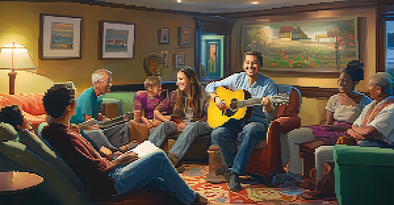 A cozy lounge with patients and family enjoying a live music performance by a musician playing guitar, filled with smiles and warmth.