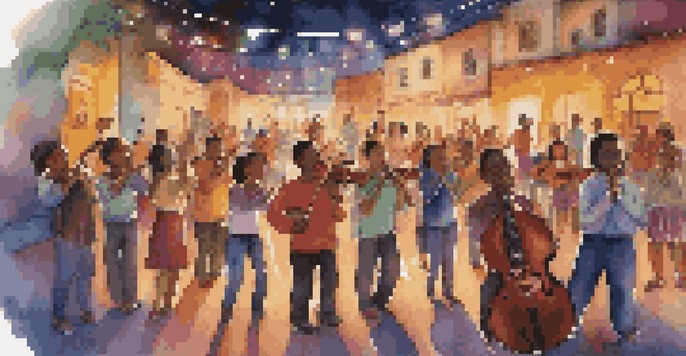 A diverse group of young musicians performing on stage with colorful lights and a cheering audience.