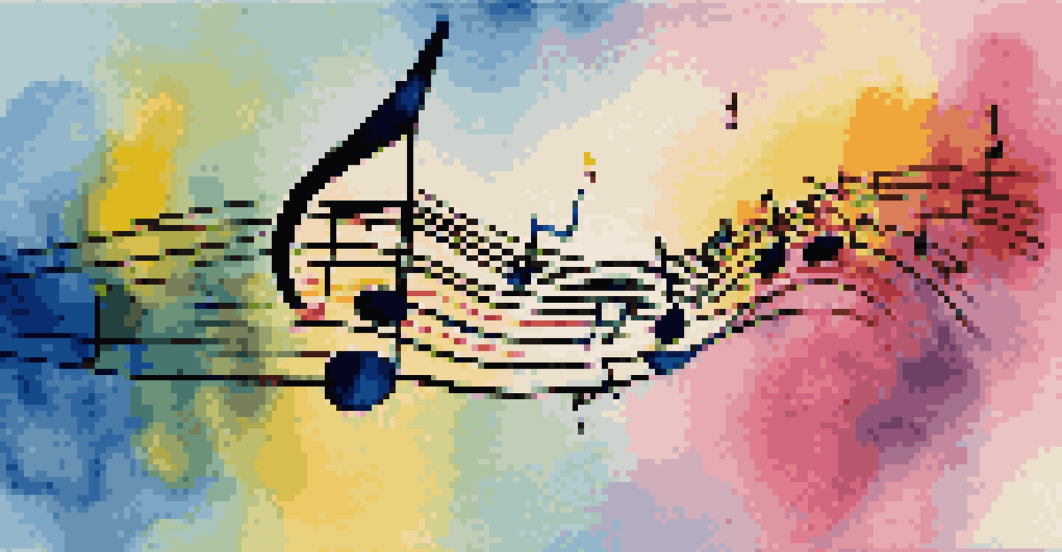 Two musical notes intertwined against a colorful backdrop of sound waves, representing harmony.