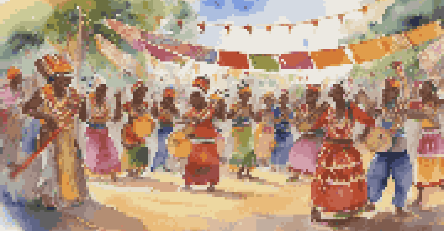 A vibrant cultural festival with performers playing traditional instruments and an engaged audience dancing, showcasing the healing power of music.