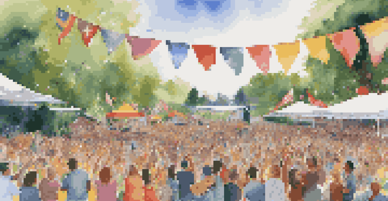 A lively outdoor concert with a diverse crowd and musicians performing on stage, surrounded by colorful decorations and greenery.