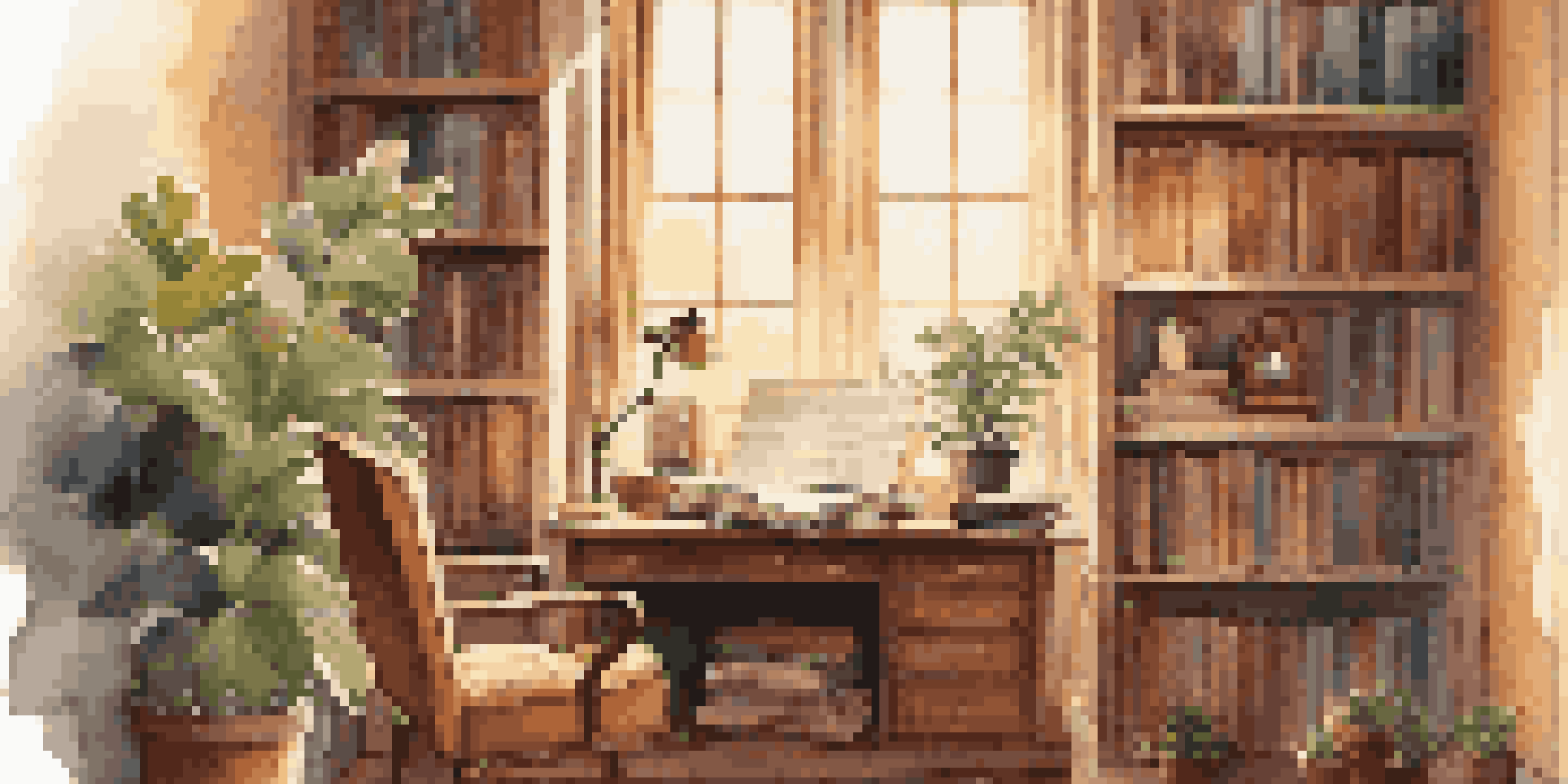 A cozy study room with books and a desk, featuring a vintage record player and soft golden light coming through a window.