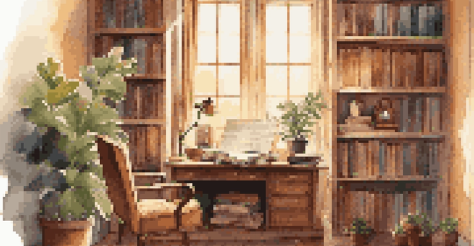 A cozy study room with books and a desk, featuring a vintage record player and soft golden light coming through a window.