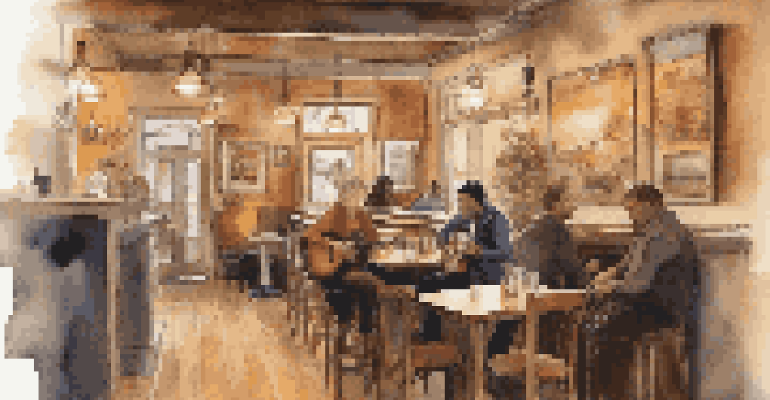 A local musician performing in a cozy coffee shop, surrounded by patrons enjoying the music and local artwork on the walls.