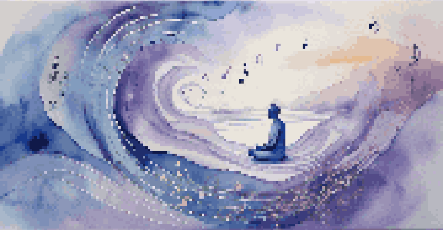 An abstract image showing sound waves and musical notes around a meditating figure, with calming colors.