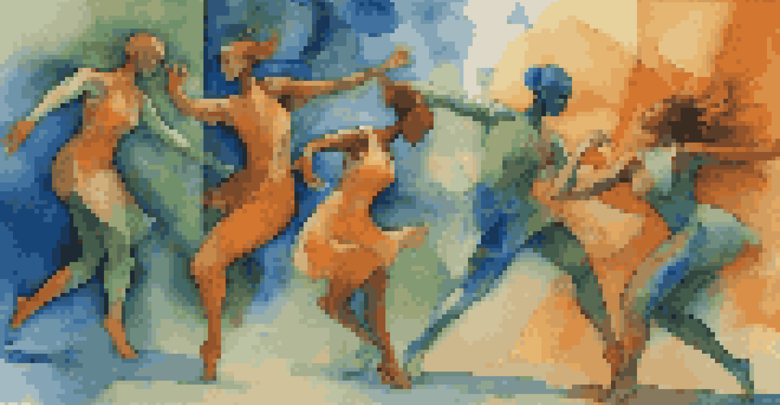 A group of contemporary dancers in vibrant costumes performing against an abstract backdrop, showcasing dynamic movements and emotional expressions.