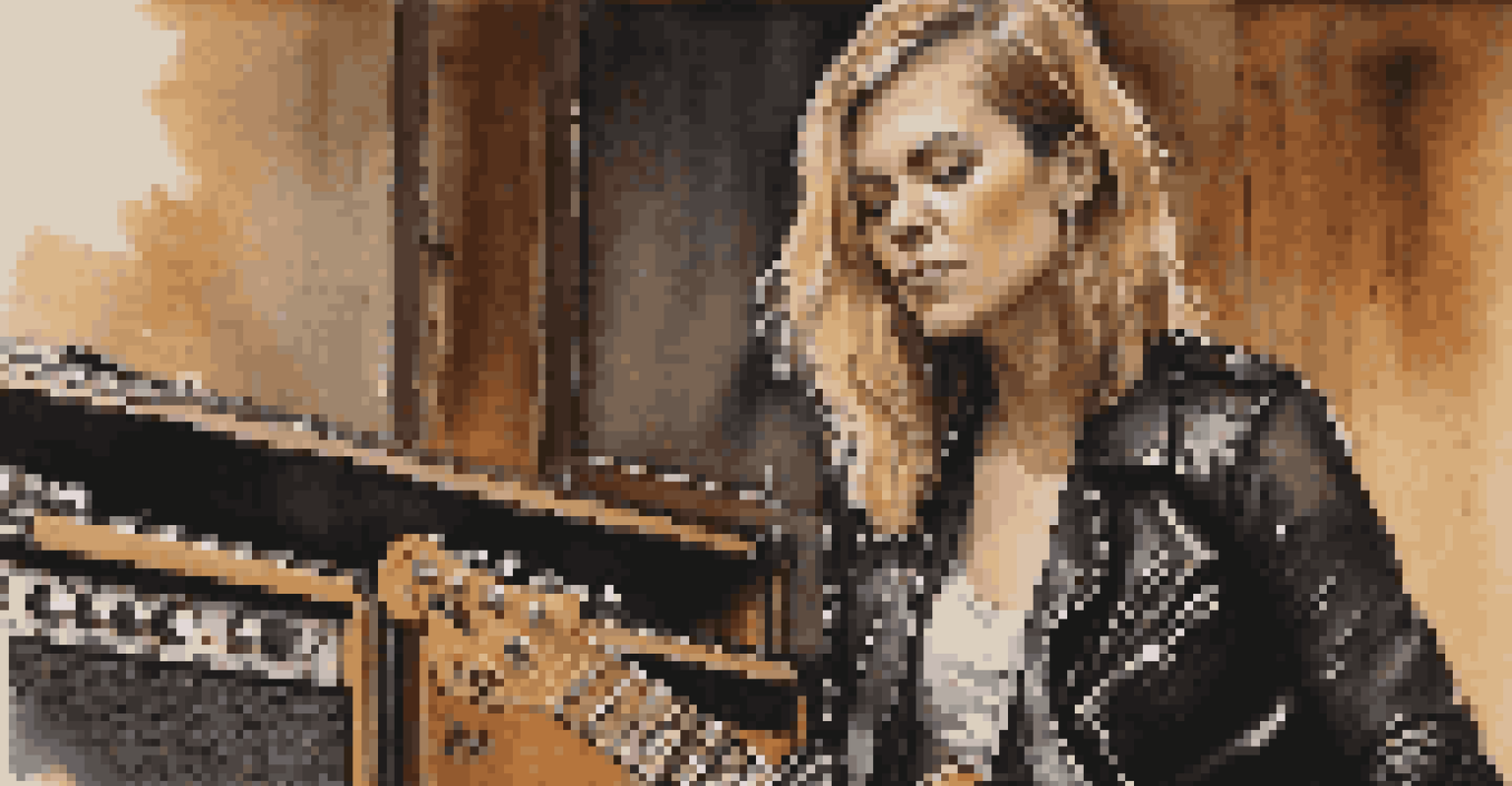 A female guitarist tuning her guitar backstage, with a focused expression and warm lighting.