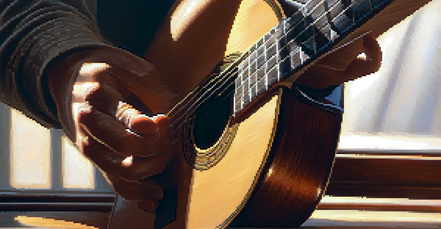 A close-up of a hand playing a classical guitar with sunlight illuminating the scene, highlighting the guitar's texture.