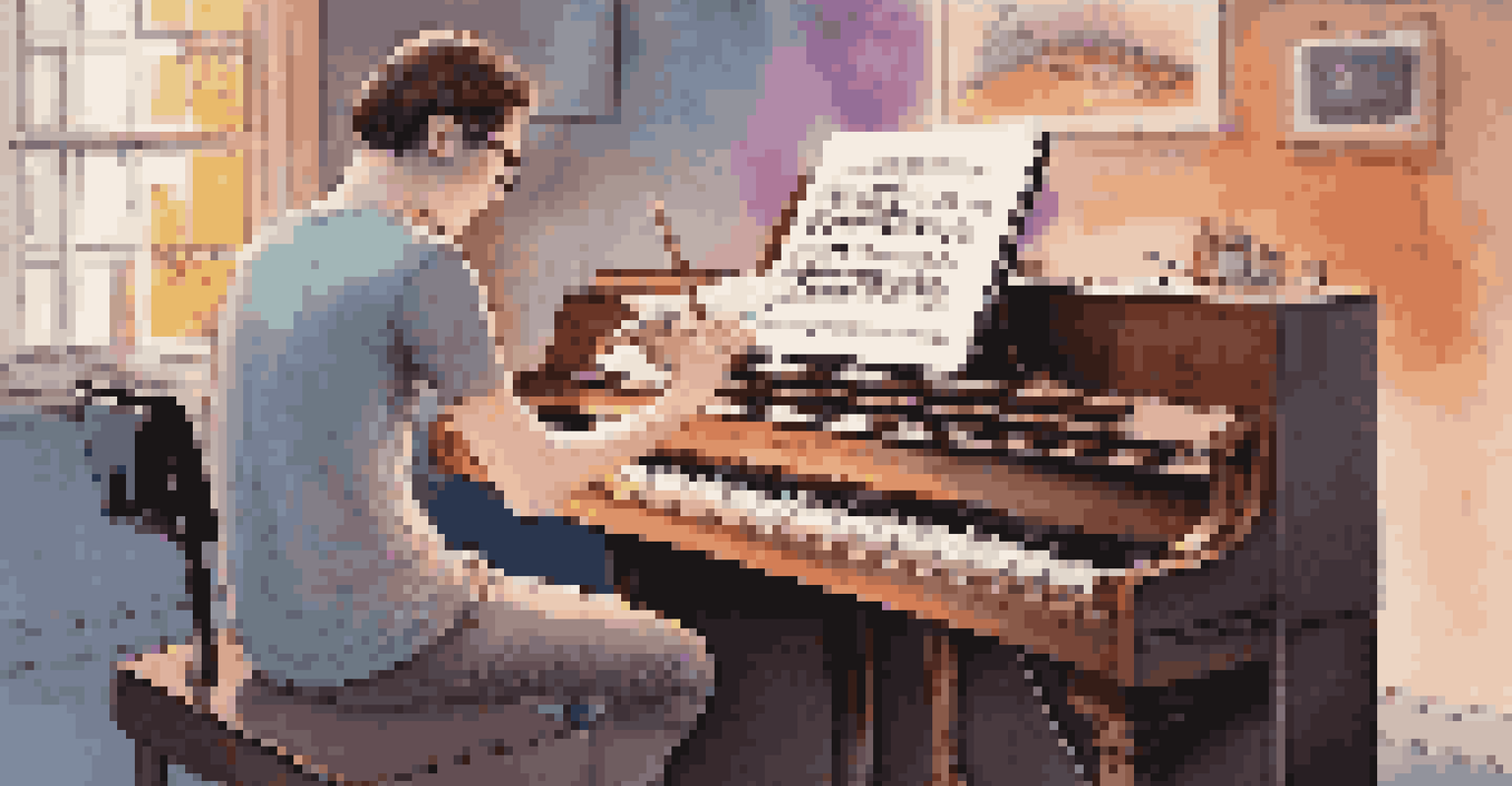 A young musician sitting at a piano with a tablet showing AI-generated music suggestions, surrounded by colorful sound waves.