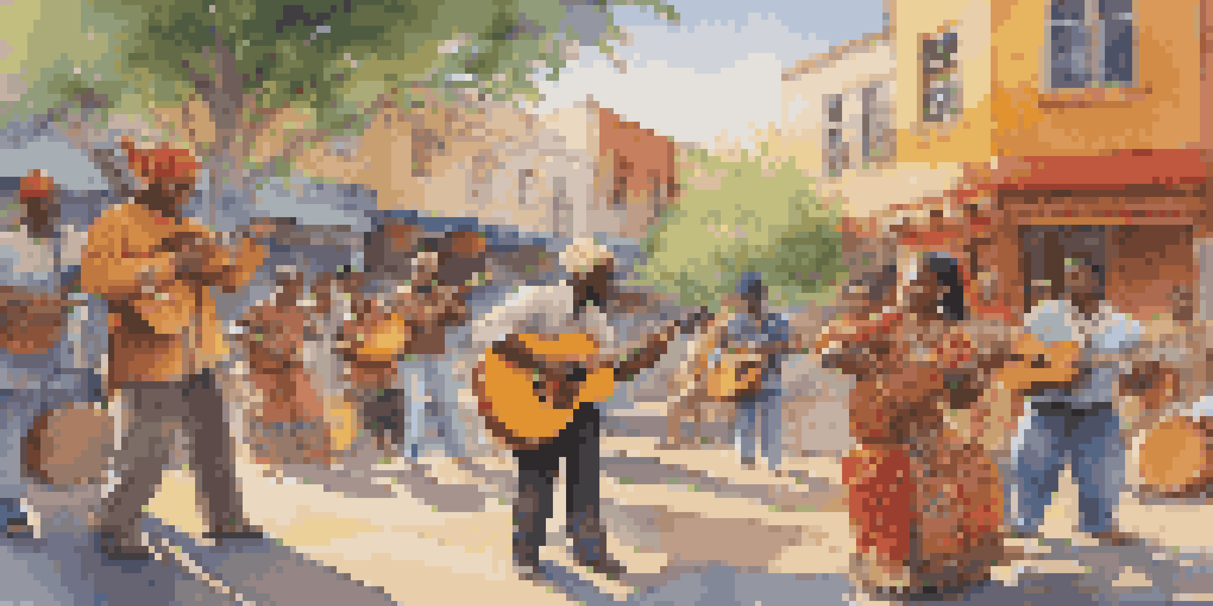 A lively street scene with musicians from different cultures performing together, surrounded by a colorful mural, with sunlight filtering through trees.