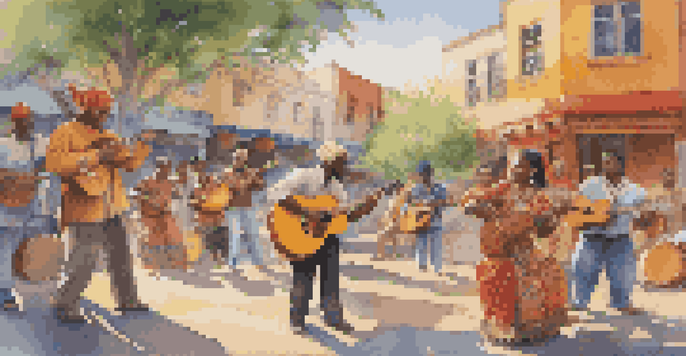 A lively street scene with musicians from different cultures performing together, surrounded by a colorful mural, with sunlight filtering through trees.
