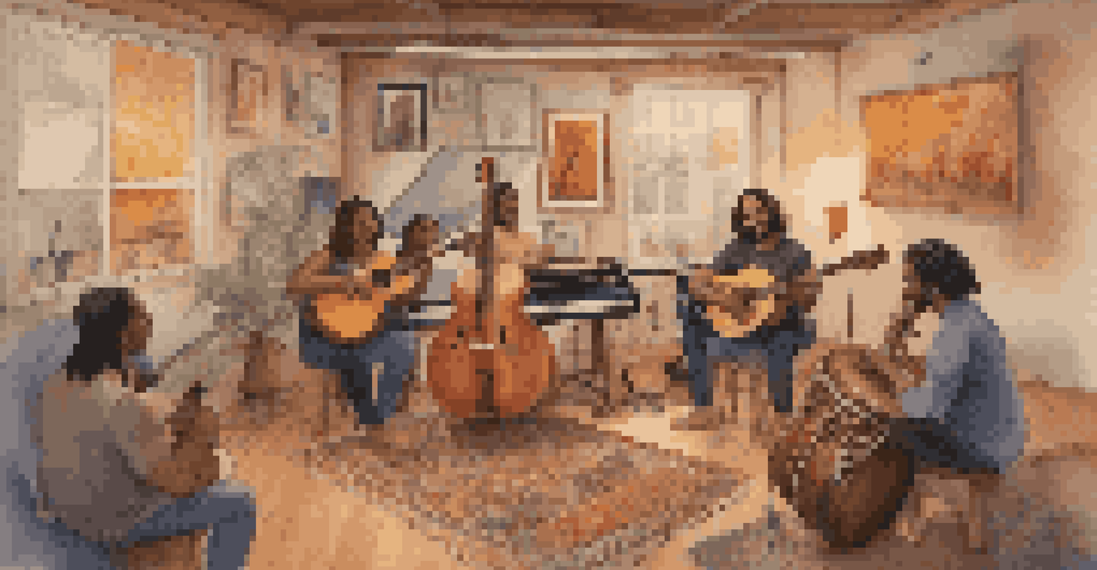 A cozy recording studio with musicians of different backgrounds collaborating, surrounded by various musical instruments in soft lighting.