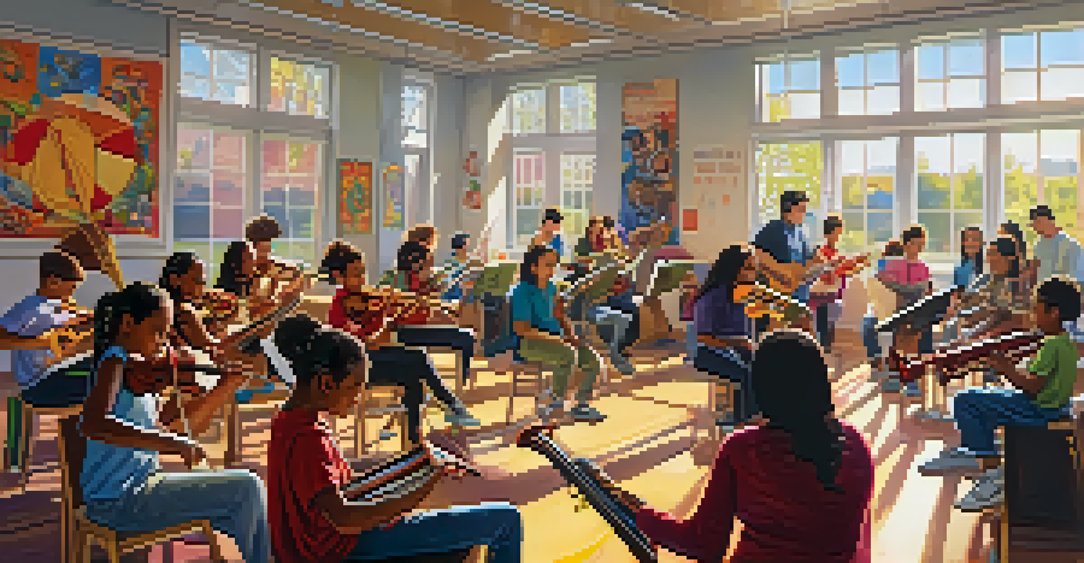 A diverse group of students in a bright music classroom playing instruments, with sunlight and colorful posters creating a joyful atmosphere.