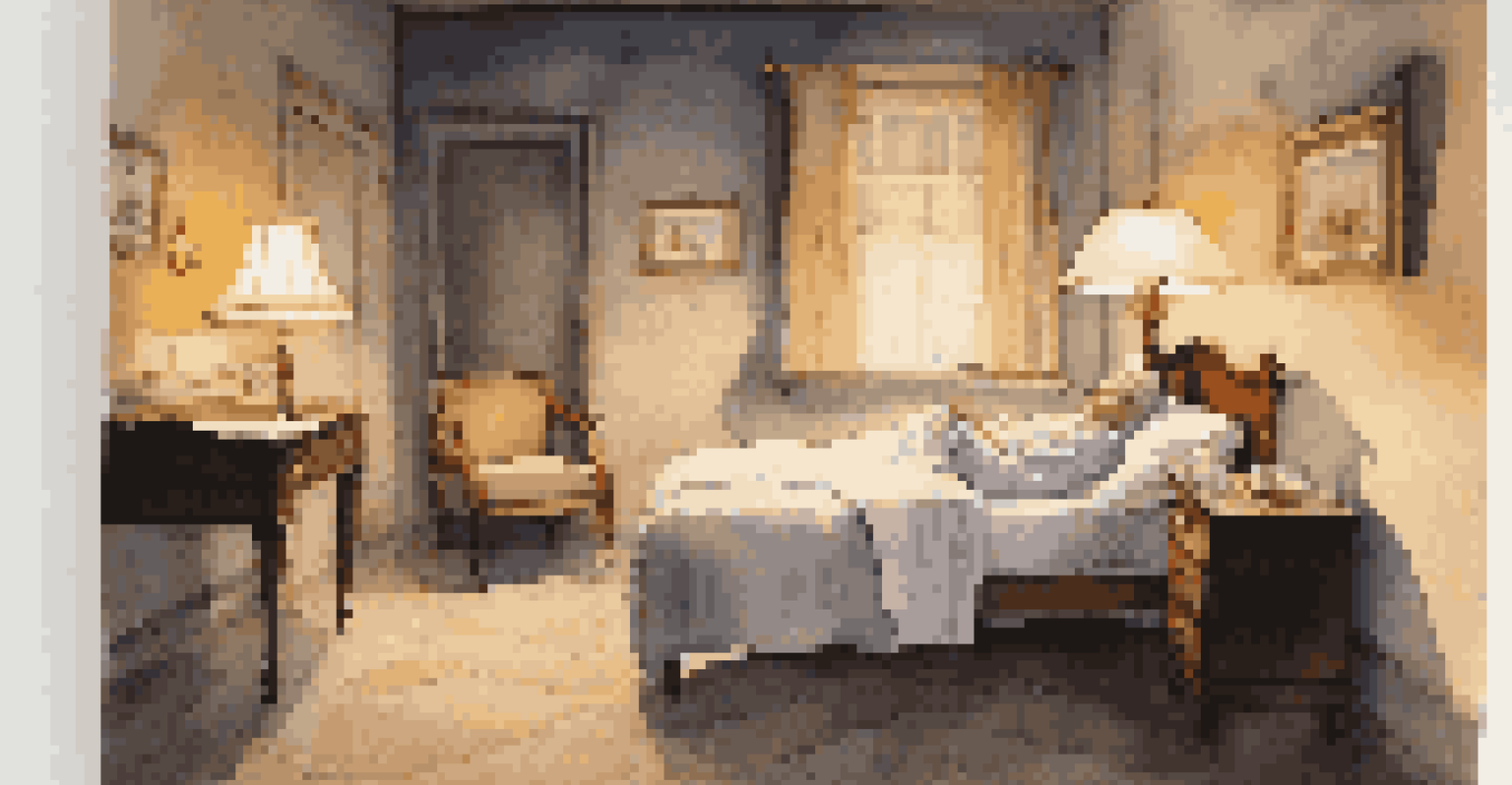 A cozy bedroom at night with a patient in bed, peacefully falling asleep to soft piano music, illuminated by a bedside lamp.