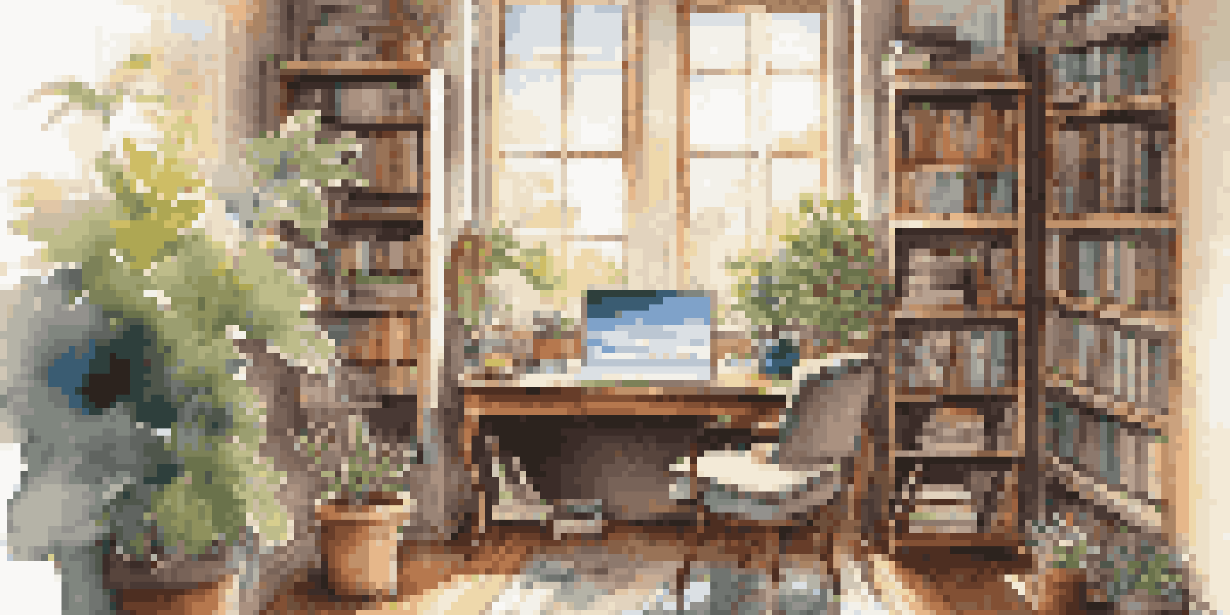 A warm and inviting study room with a desk, laptop, books, and a cozy armchair, suggesting a peaceful study environment enhanced by music.