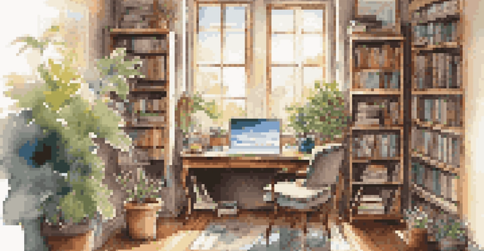 A warm and inviting study room with a desk, laptop, books, and a cozy armchair, suggesting a peaceful study environment enhanced by music.