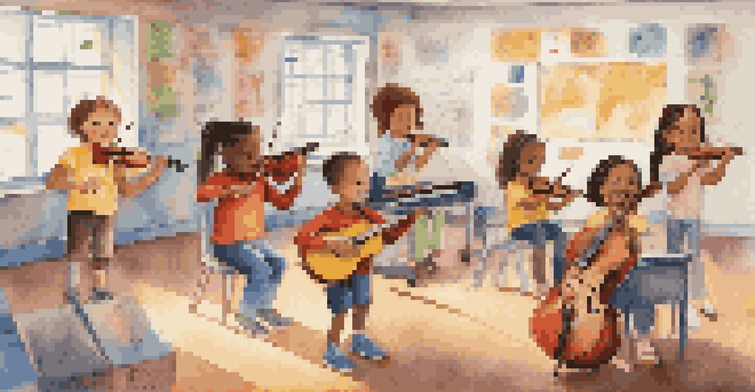 A vibrant music class with children playing instruments and enjoying a collaborative environment.