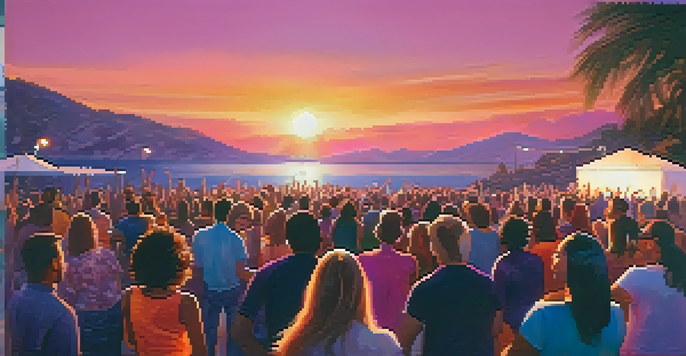 A vibrant outdoor concert at sunset with a diverse crowd enjoying the live music amidst colorful stage lights.