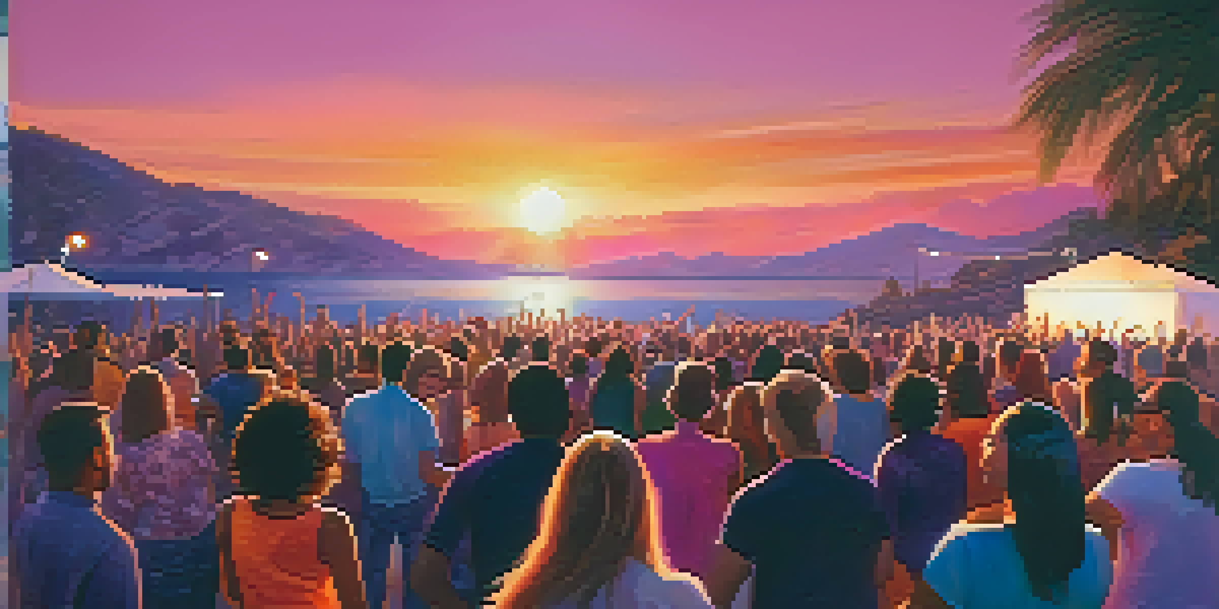 A vibrant outdoor concert at sunset with a diverse crowd enjoying the live music amidst colorful stage lights.