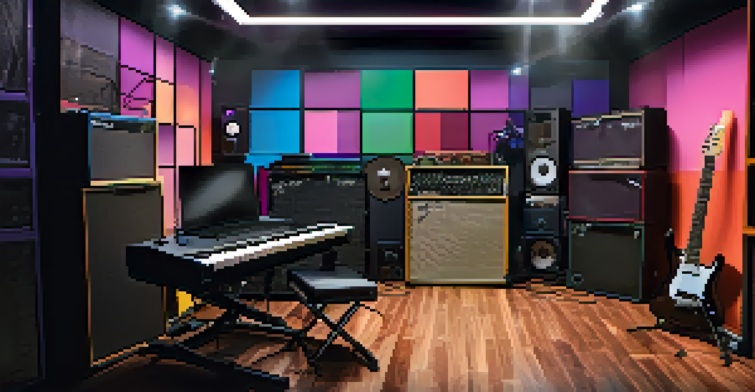 A modern music studio with an electric guitar setup, effects pedals, and a musician playing while a laptop is in the background.