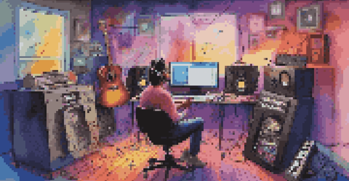 An artist in a modern studio creating music, surrounded by instruments and colorful sound waves.