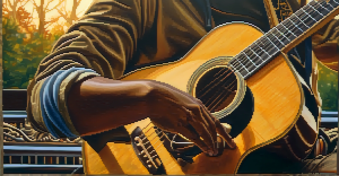 A musician playing a guitar outdoors with dancers in the background, captured in soft golden light.