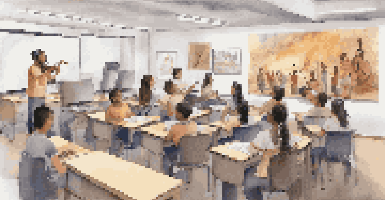 Students in a modern classroom participating in a virtual workshop on traditional music.