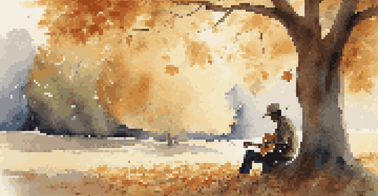 A person playing guitar under a tree in autumn, with sunlight filtering through the branches and leaves on the ground.