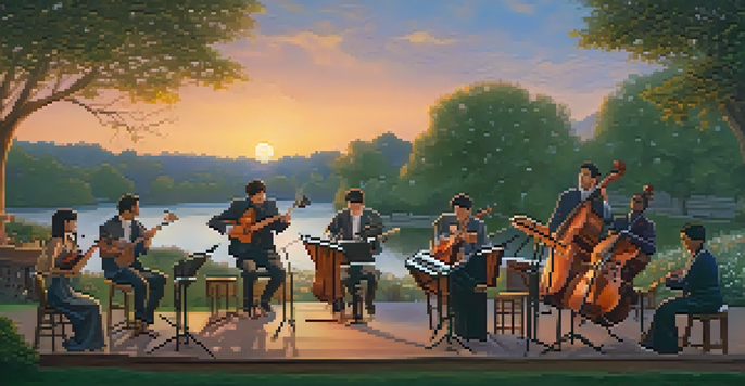 A diverse group of musicians playing instruments outdoors at sunset, with warm colors and glowing lanterns.