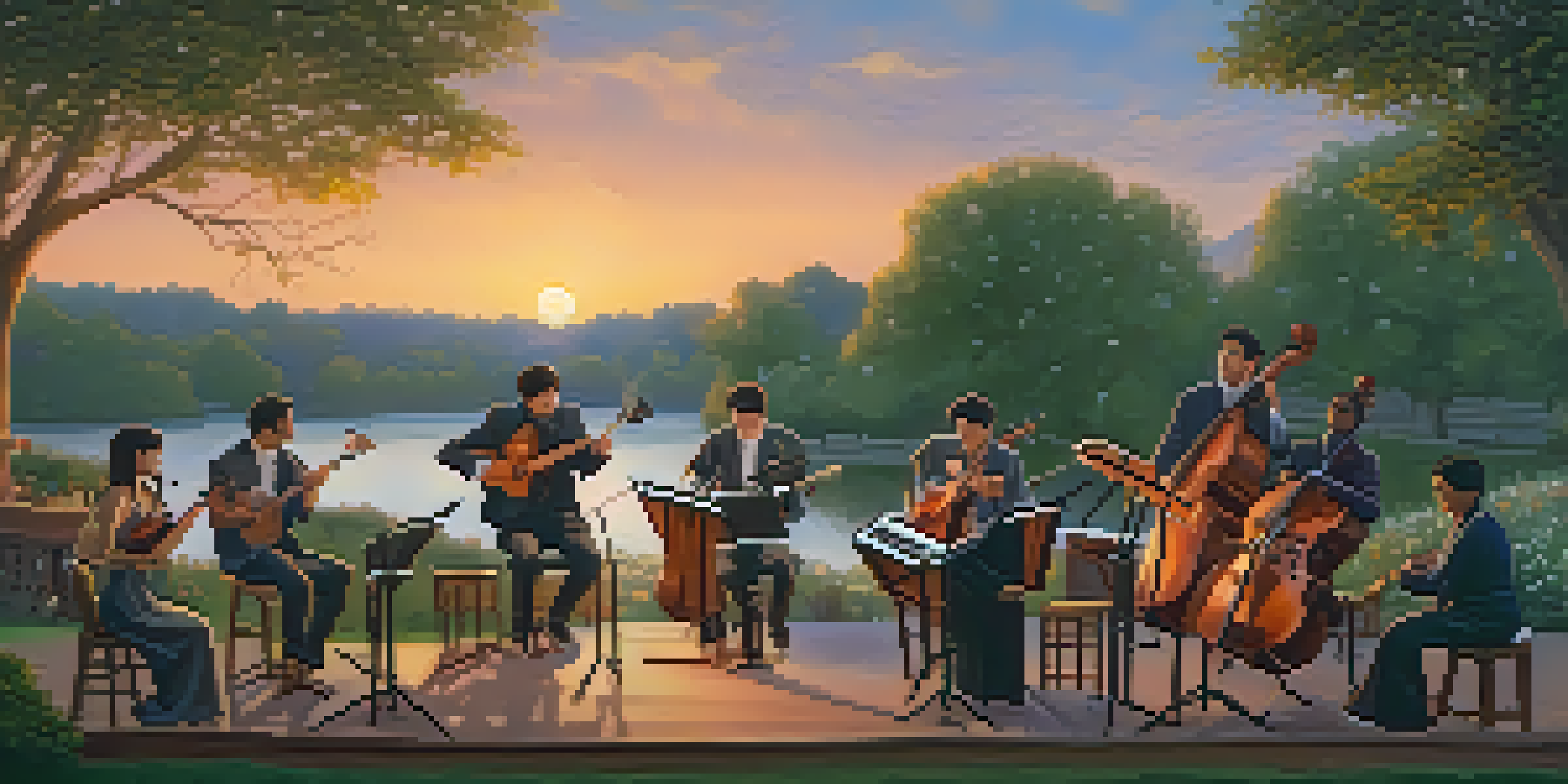 A diverse group of musicians playing instruments outdoors at sunset, with warm colors and glowing lanterns.