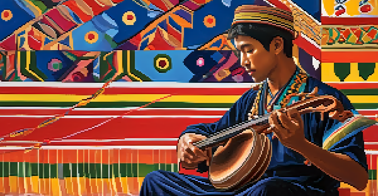 A close-up of a musician playing a traditional string instrument at a vibrant cultural festival.