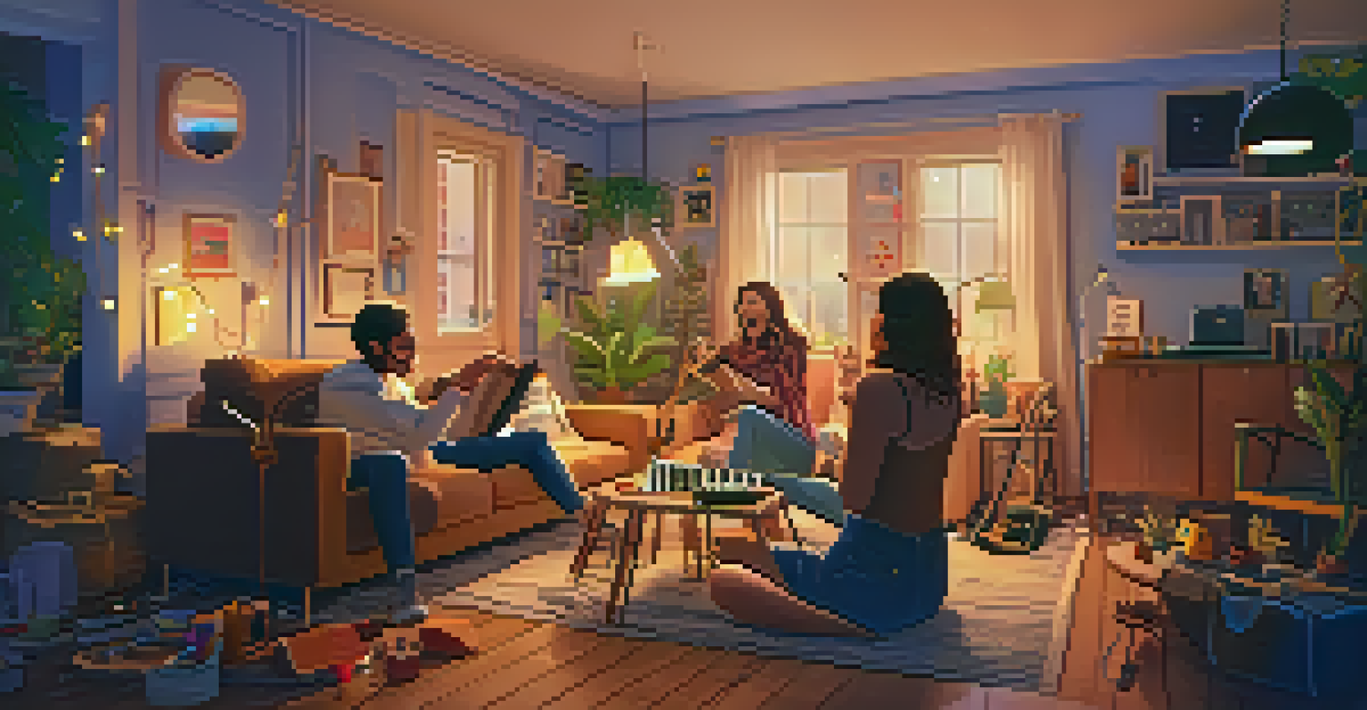 A cozy living room where friends are creating a DIY music video, filled with laughter and musical instruments, warmly lit with fairy lights.