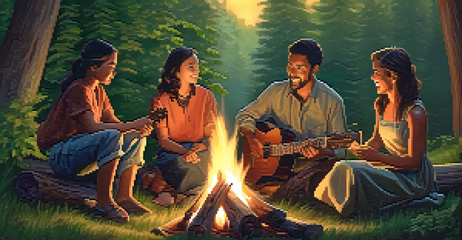 A family gathering around a campfire in a forest, singing together with a guitar nearby during sunset.