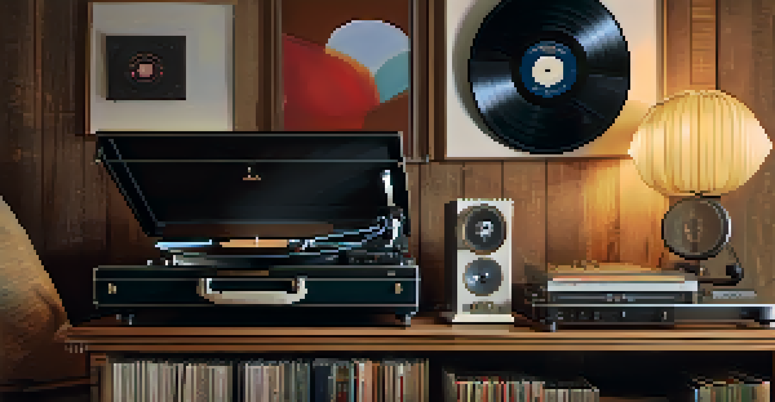 A vintage turntable with vinyl records on a table, surrounded by cozy lighting and an inviting atmosphere.
