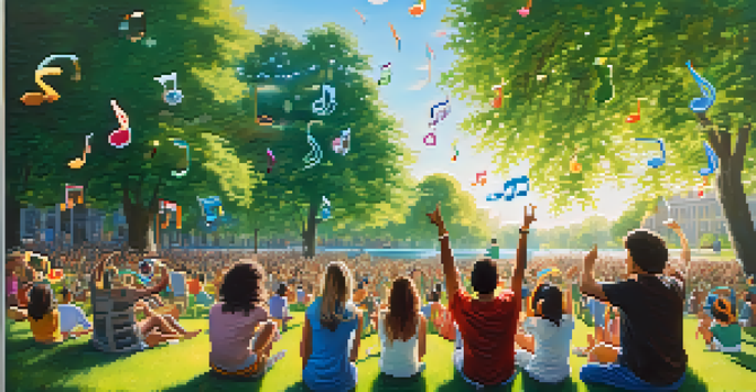 A diverse group of people in a sunny park enjoying music together, wearing colorful headphones, with musical notes in the air.