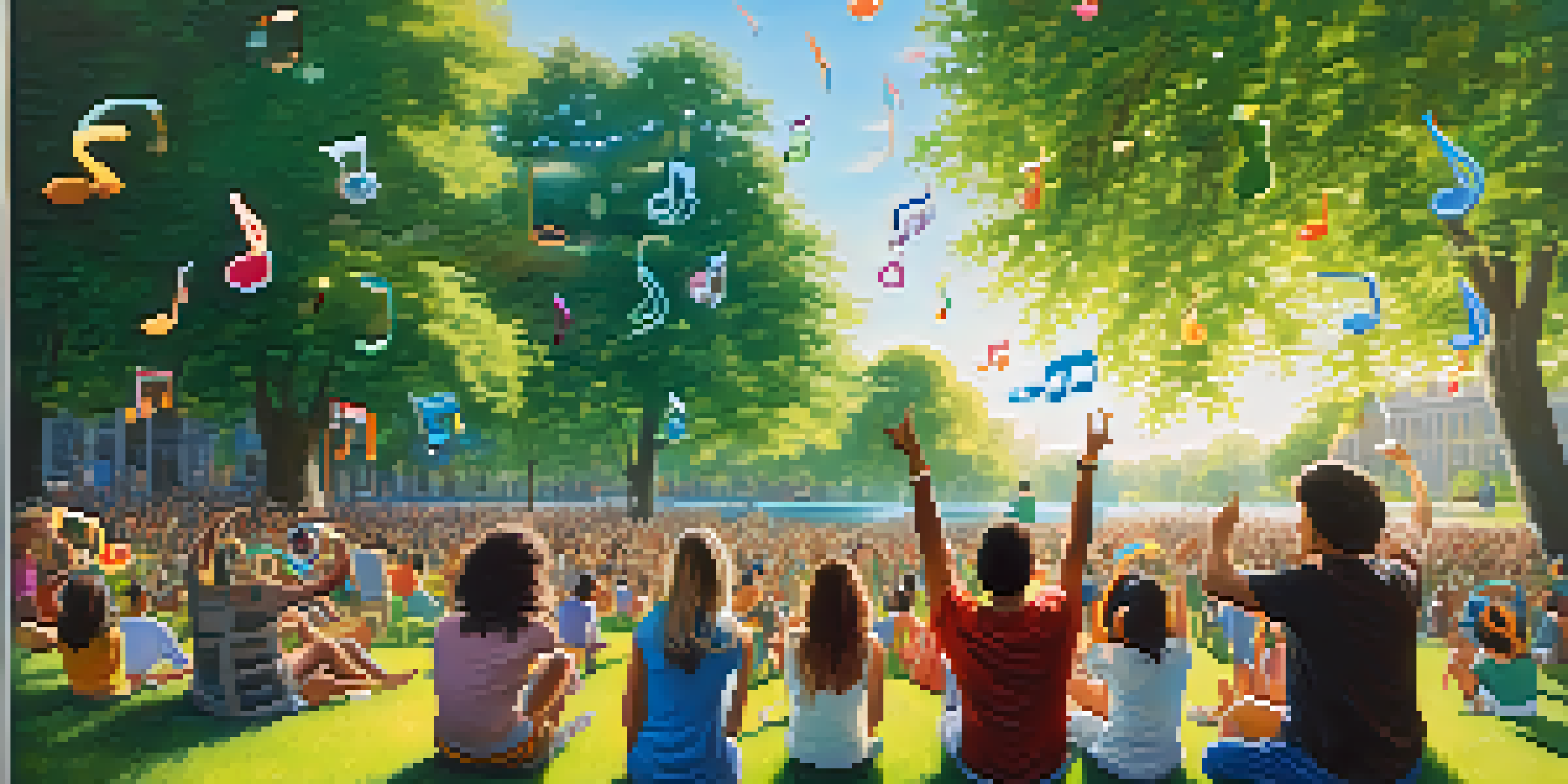 A diverse group of people in a sunny park enjoying music together, wearing colorful headphones, with musical notes in the air.