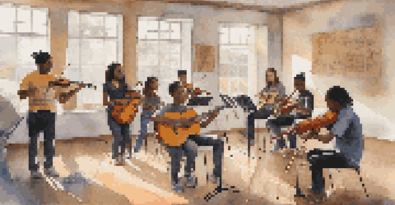 A diverse group of young musicians rehearsing in a community center, surrounded by musical instruments and posters.