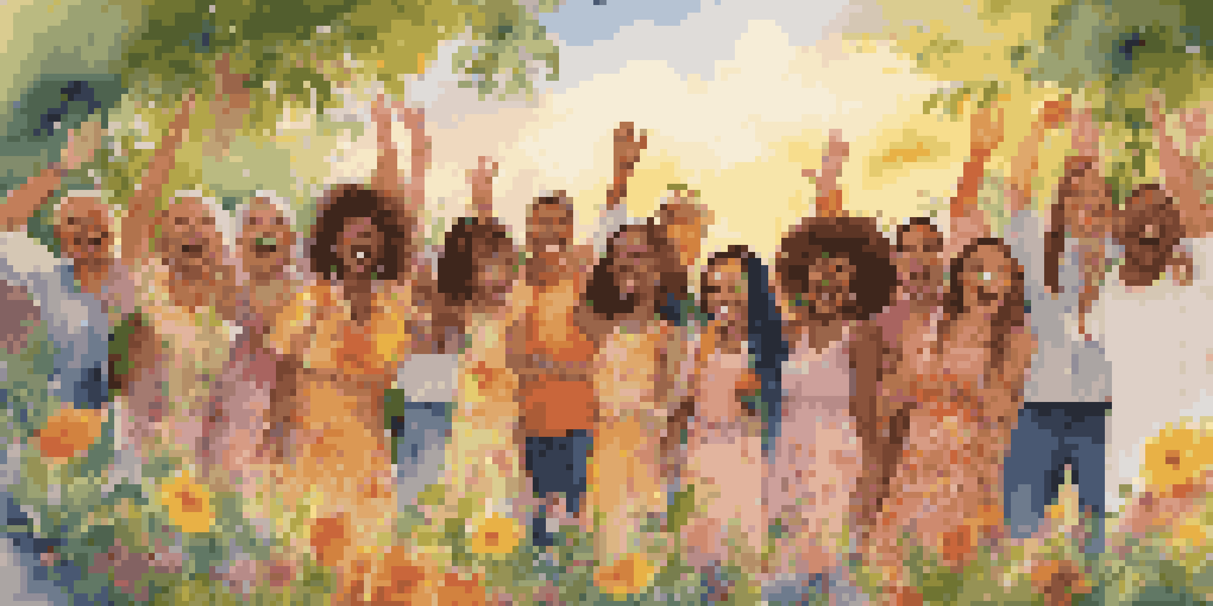 A group of diverse singers performing outdoors during sunset, surrounded by greenery and flowers, showcasing joy and unity.