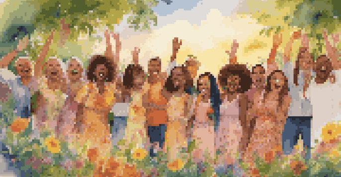 A group of diverse singers performing outdoors during sunset, surrounded by greenery and flowers, showcasing joy and unity.