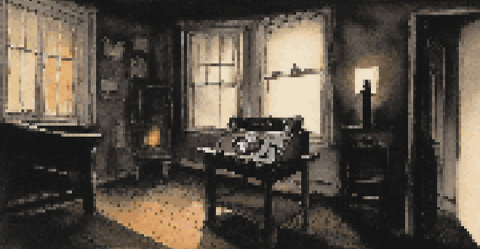 A dimly lit room with an old record player and a dark silhouette outside the window, creating a tense atmosphere.