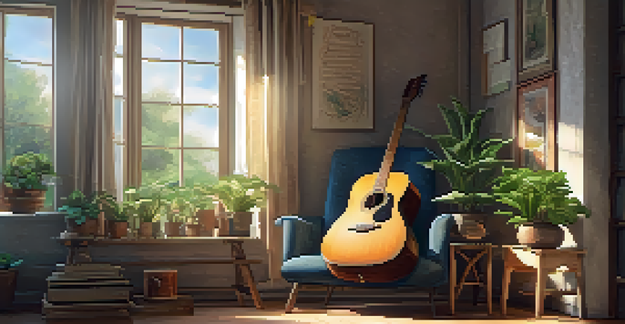 A wooden guitar leans against a rustic chair in a sunlit room filled with plants and colorful fabric, creating a warm and intimate atmosphere.