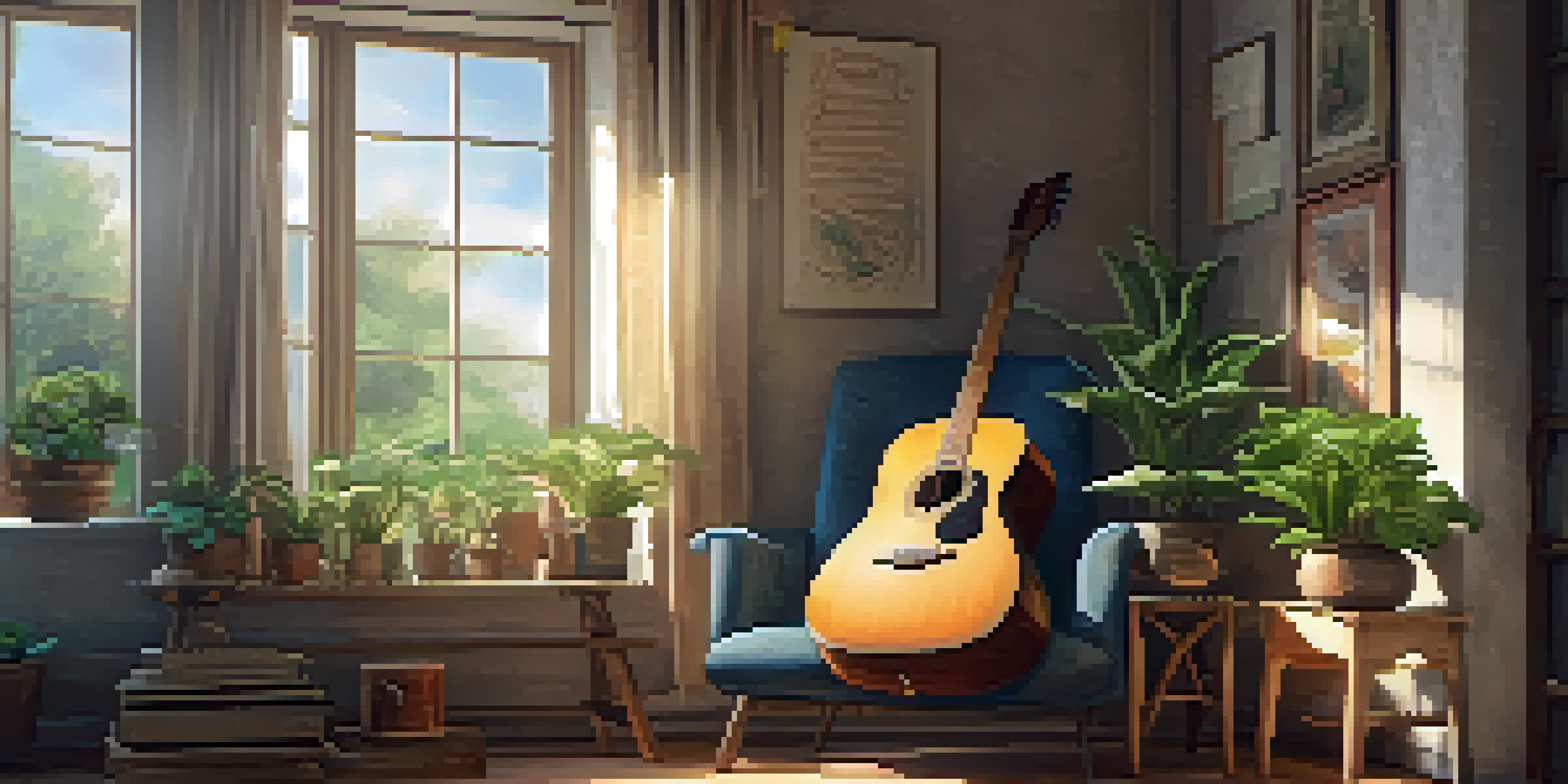 A wooden guitar leans against a rustic chair in a sunlit room filled with plants and colorful fabric, creating a warm and intimate atmosphere.