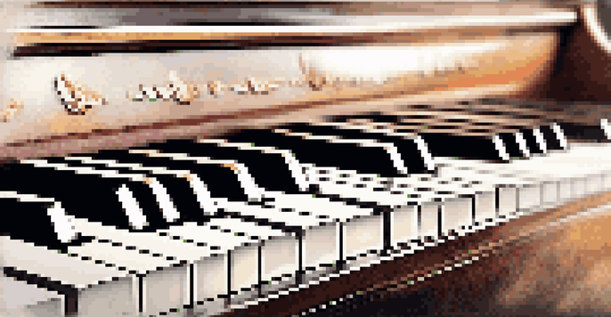 A close-up view of piano keys with fingers playing chords, softly lit with blurred sheet music in the background.