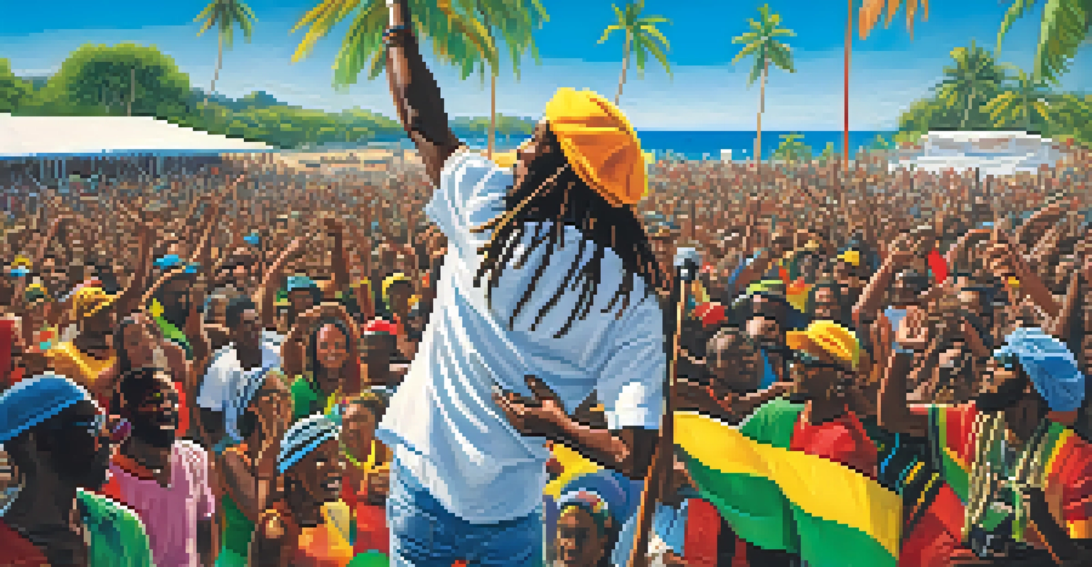 A reggae artist performing at an outdoor concert in Jamaica, with a lively audience and palm trees in the background.