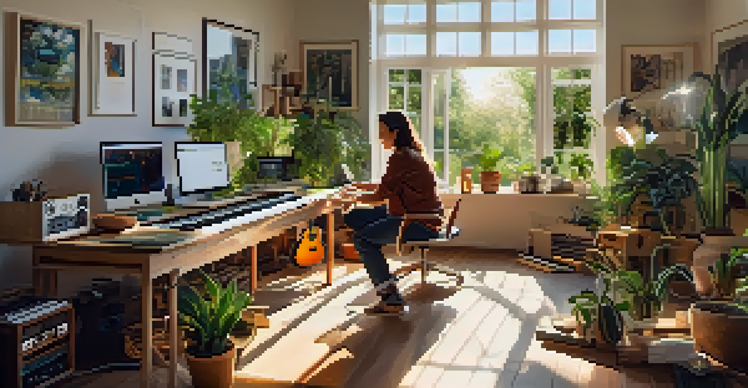 An artist in a home studio using digital music software, surrounded by plants and eco-friendly materials with sunlight streaming through the window.