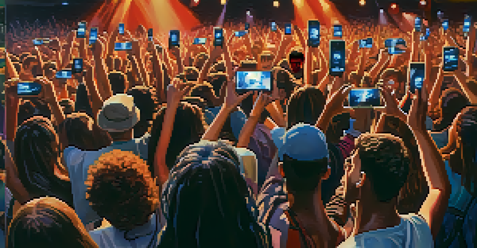 A group of young activists at a concert, holding smartphones displaying song lyrics, lit by vibrant stage lights.